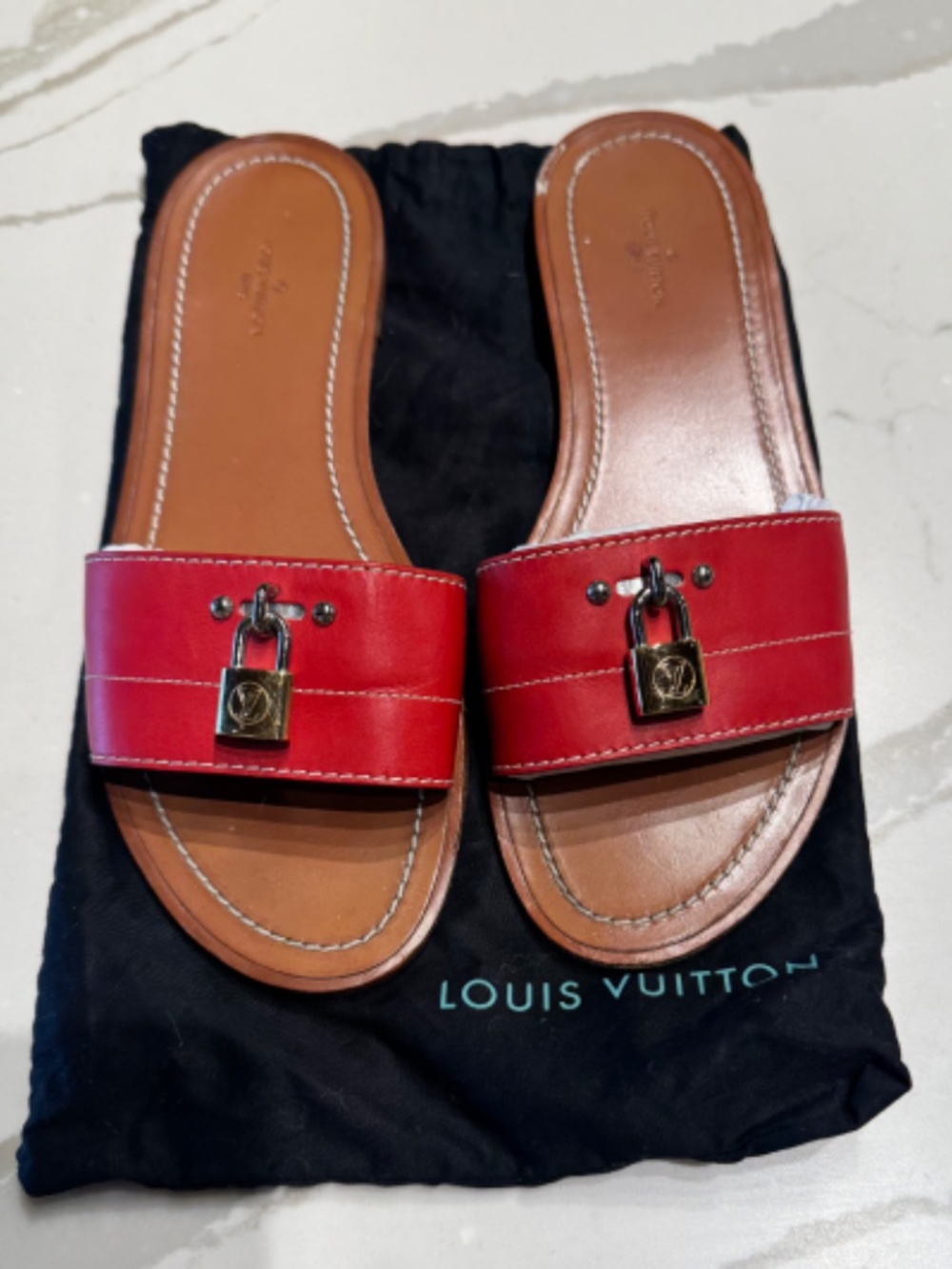 LOUIS VUITTON Lock It Red Leather Flat Mule Slide Shoe